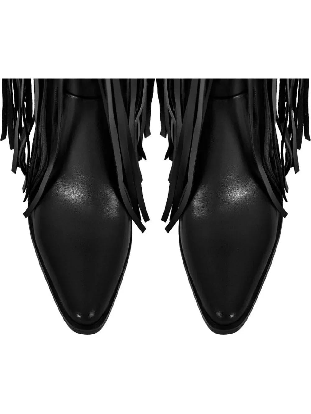 Women's Black Pointed Toe Fringe Wide Calf Cowgirl Over The Knee High Boots